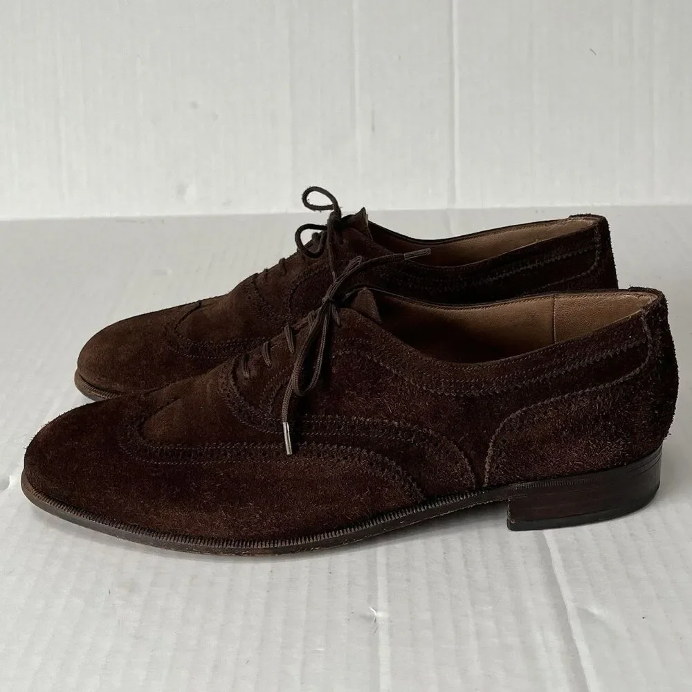 Bally Mens Sz 9.5 Brown Suede Wingtip Oxford Derby Brogue Shoes Made in Italy